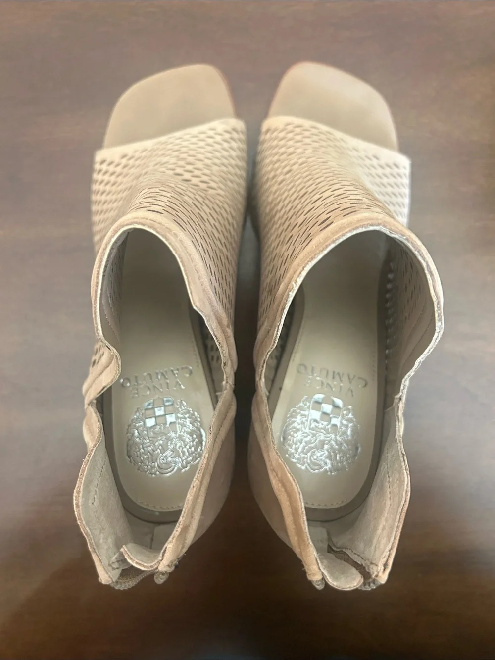 Vince Camuto Beige Laser-Cut Open-Toe Block Heel Sandals